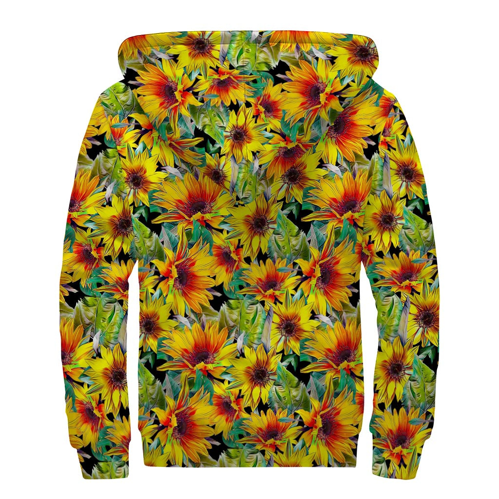 Autumn Sunflower Pattern Print Sherpa Lined Zip Up Hoodie