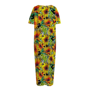 Autumn Sunflower Pattern Print Short Sleeve Long Nightdress