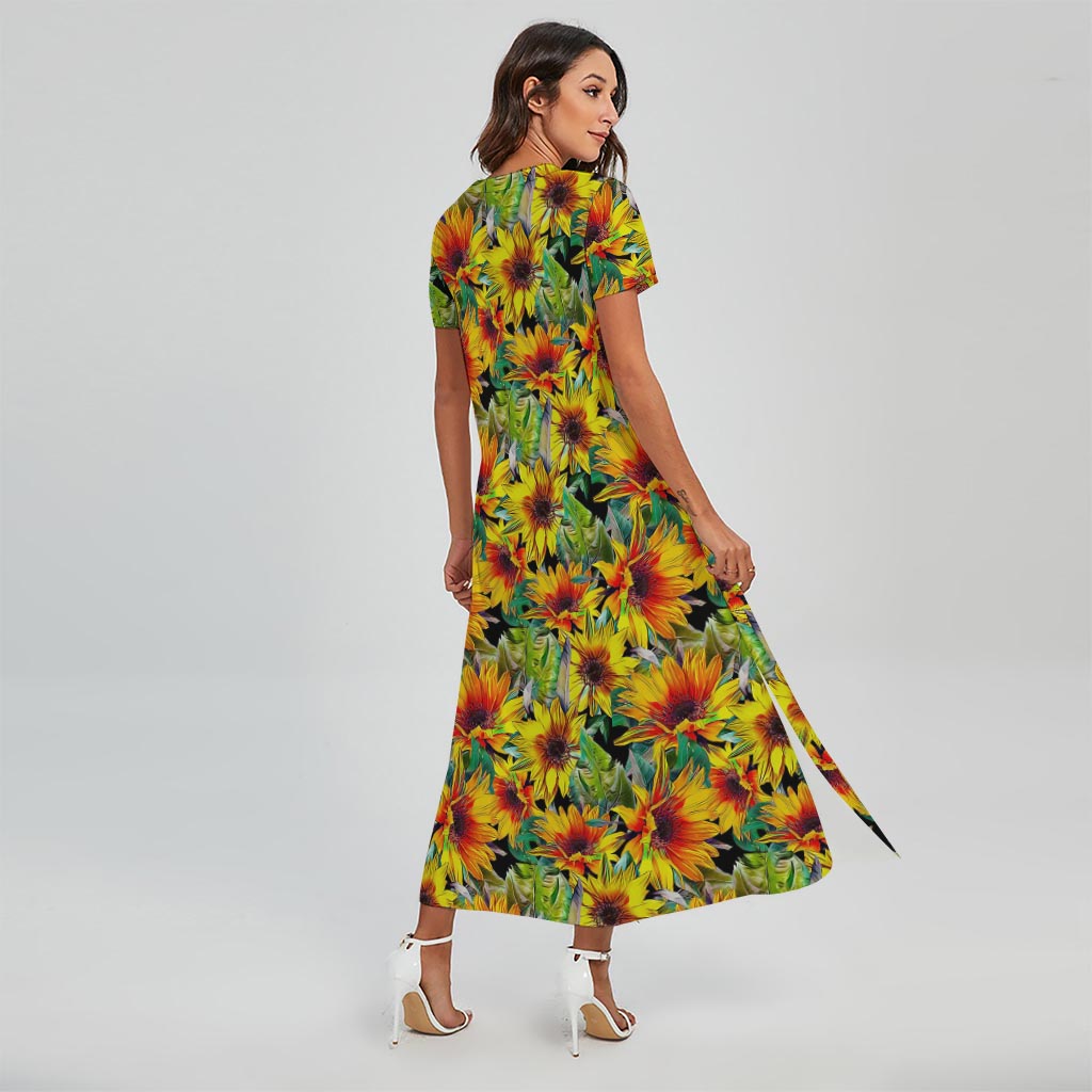 Autumn Sunflower Pattern Print Short Sleeve Maxi Dress