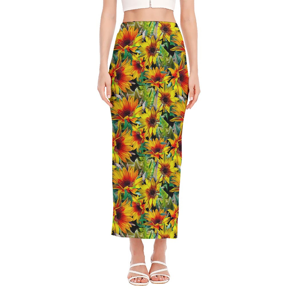 Autumn Sunflower Pattern Print Side Slit Maxi Skirt