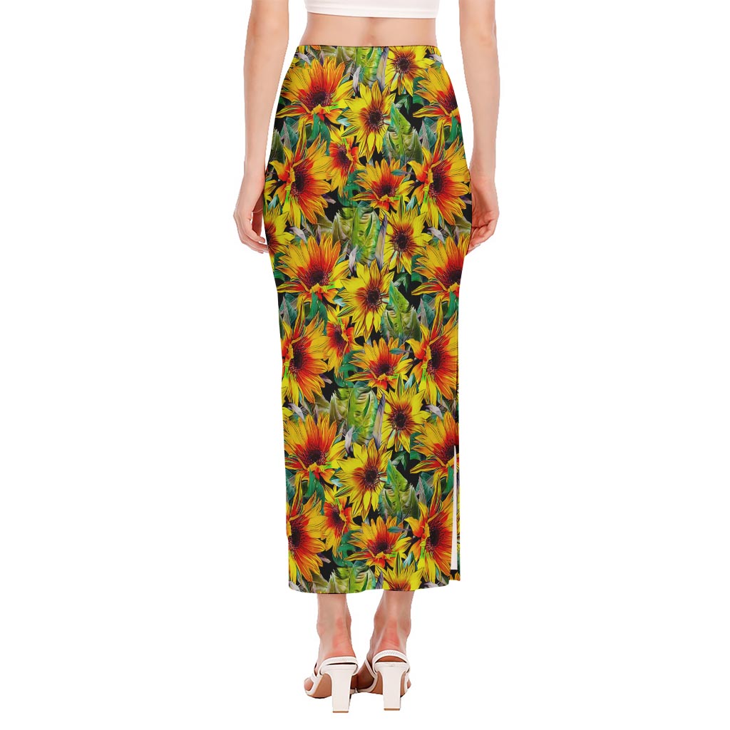 Autumn Sunflower Pattern Print Side Slit Maxi Skirt