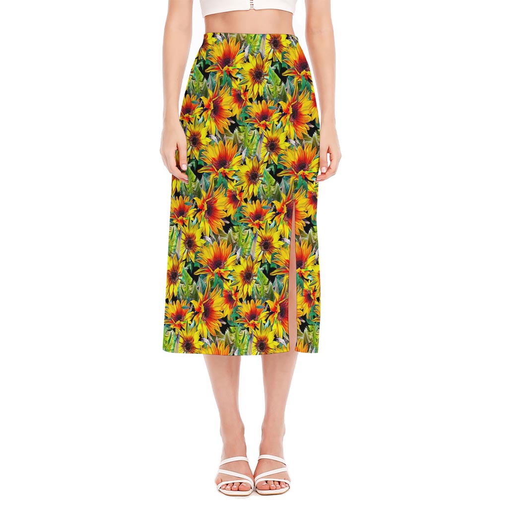 Autumn Sunflower Pattern Print Side Slit Midi Skirt