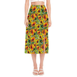 Autumn Sunflower Pattern Print Side Slit Midi Skirt