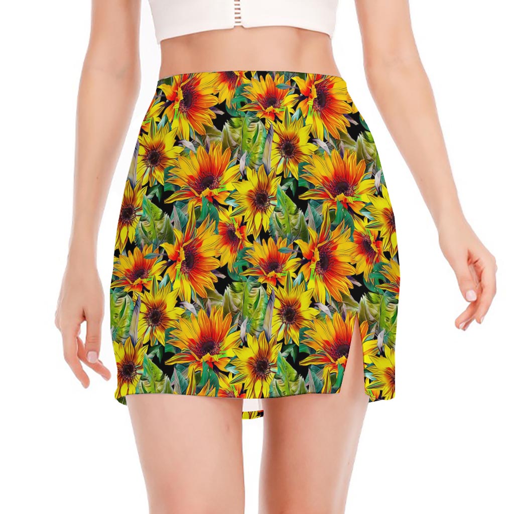 Autumn Sunflower Pattern Print Side Slit Mini Skirt