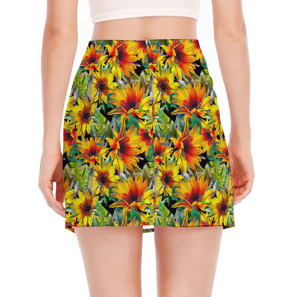 Autumn Sunflower Pattern Print Side Slit Mini Skirt