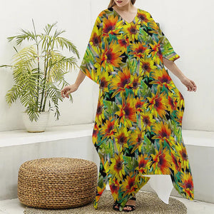 Autumn Sunflower Pattern Print Silk V-Neck Kaftan Dress