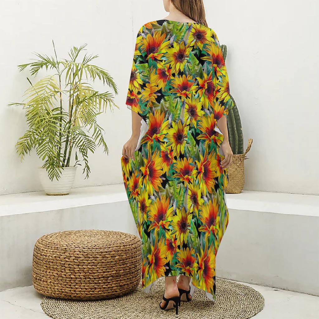 Autumn Sunflower Pattern Print Silk V-Neck Kaftan Dress