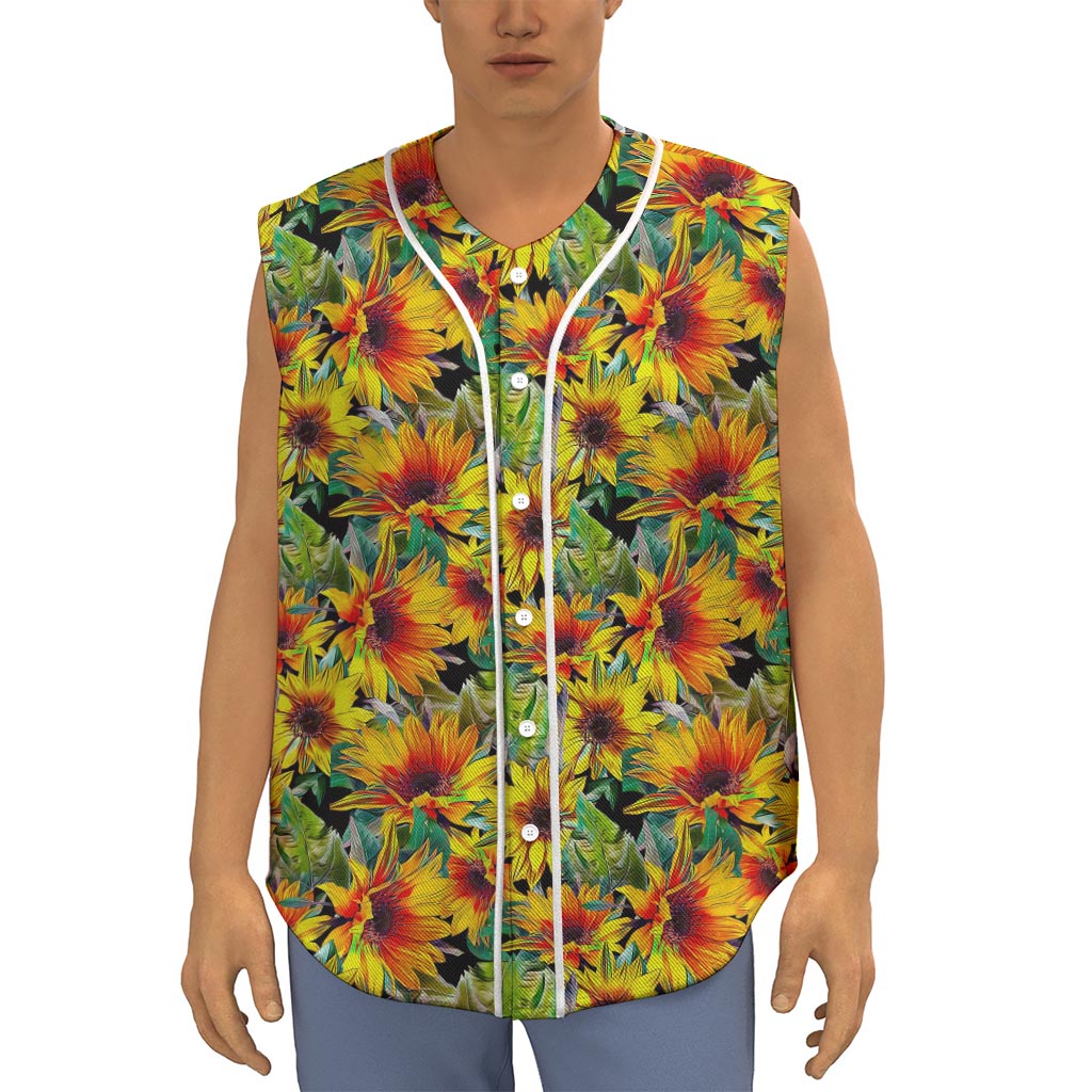 Autumn Sunflower Pattern Print Sleeveless Baseball Jersey