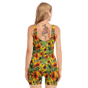 Autumn Sunflower Pattern Print Sleeveless One Piece Swimsuit