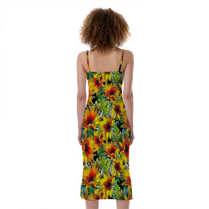 Autumn Sunflower Pattern Print Slim Fit Midi Cami Dress