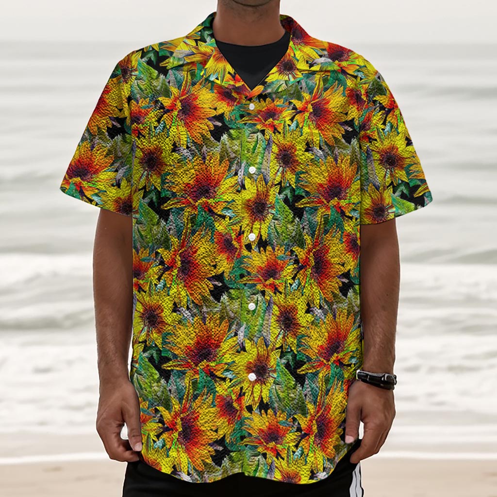 Autumn Sunflower Pattern Print Textured Short Sleeve Shirt