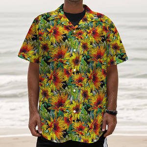 Autumn Sunflower Pattern Print Textured Short Sleeve Shirt