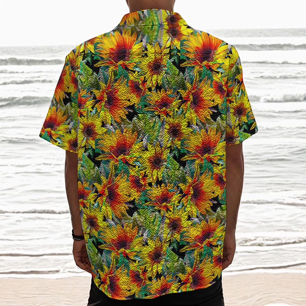 Autumn Sunflower Pattern Print Textured Short Sleeve Shirt