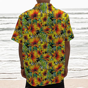 Autumn Sunflower Pattern Print Textured Short Sleeve Shirt