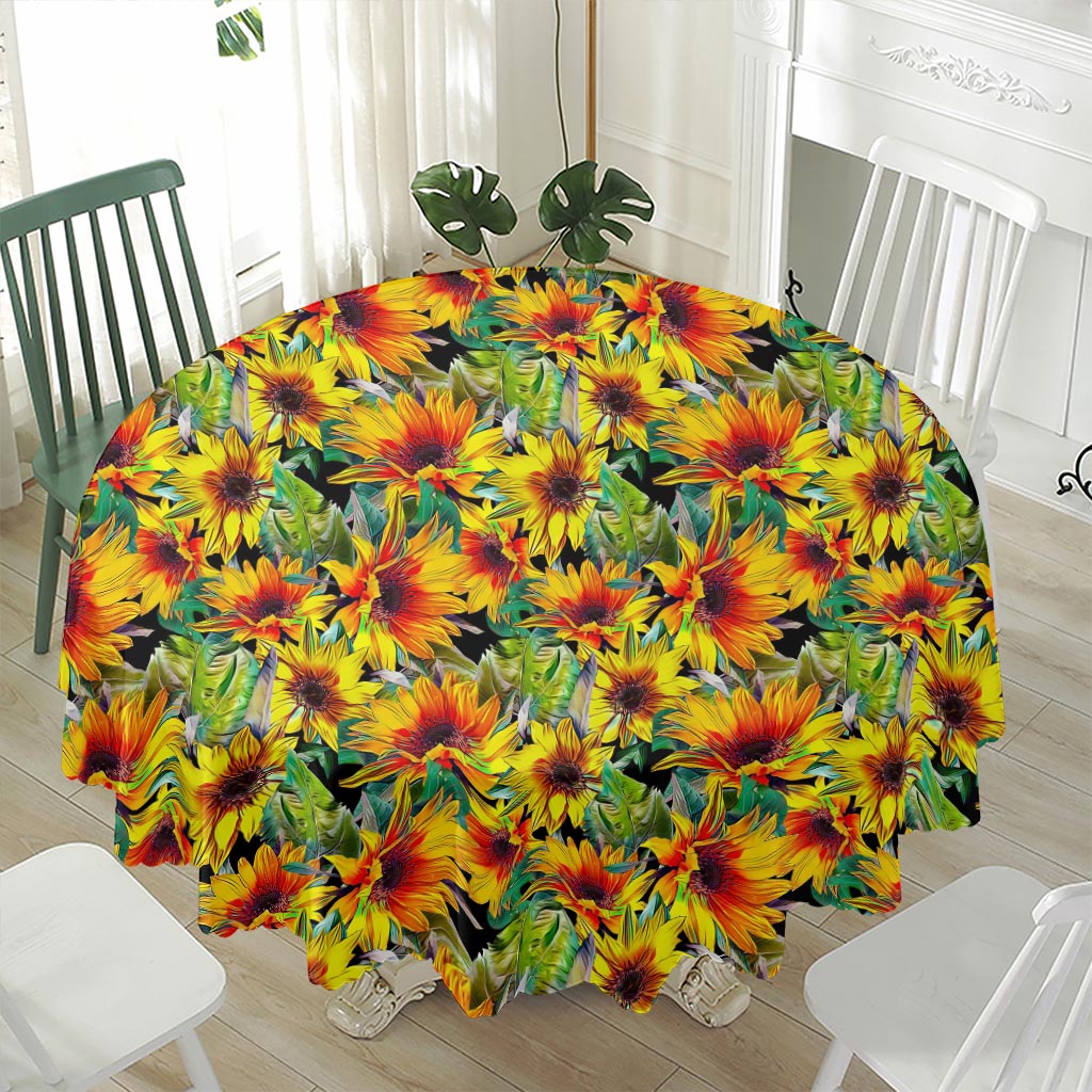 Autumn Sunflower Pattern Print Waterproof Round Tablecloth