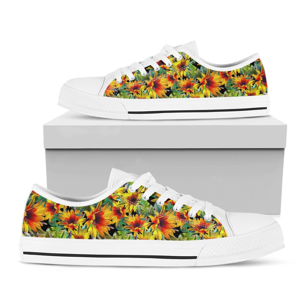 Autumn Sunflower Pattern Print White Low Top Sneakers