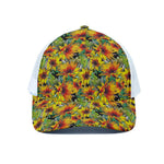 Autumn Sunflower Pattern Print White Mesh Trucker Cap