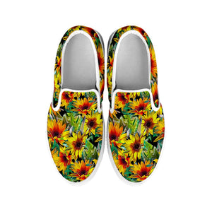 Autumn Sunflower Pattern Print White Slip On Sneakers