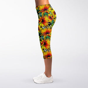 Autumn Sunflower Pattern Print Women's Capri Leggings