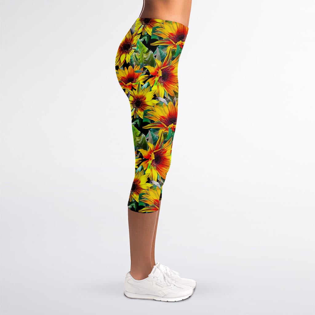 Autumn Sunflower Pattern Print Women's Capri Leggings