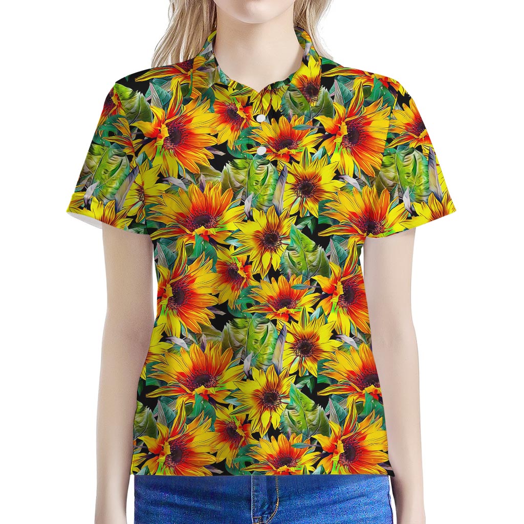 Autumn Sunflower Pattern Print Women's Polo Shirt