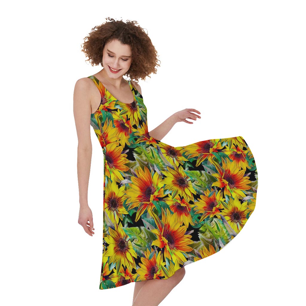 Autumn Sunflower Pattern Print Women's Sleeveless Dress