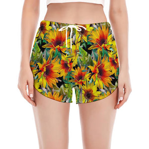 Autumn Sunflower Pattern Print Women's Split Running Shorts