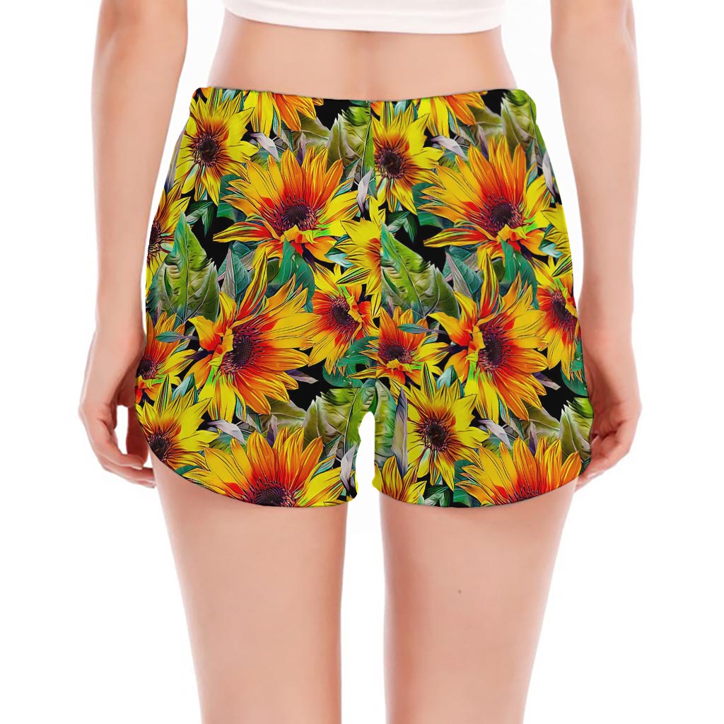 Autumn Sunflower Pattern Print Women's Split Running Shorts