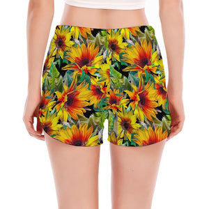 Autumn Sunflower Pattern Print Women's Split Running Shorts