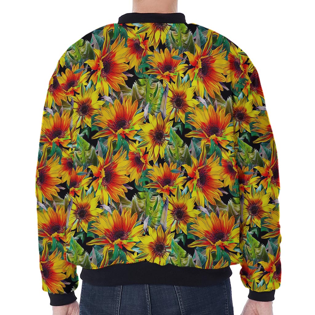 Autumn Sunflower Pattern Print Zip Sleeve Bomber Jacket