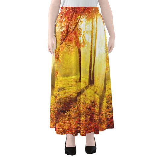 Autumn Trees Print Chiffon Maxi Skirt