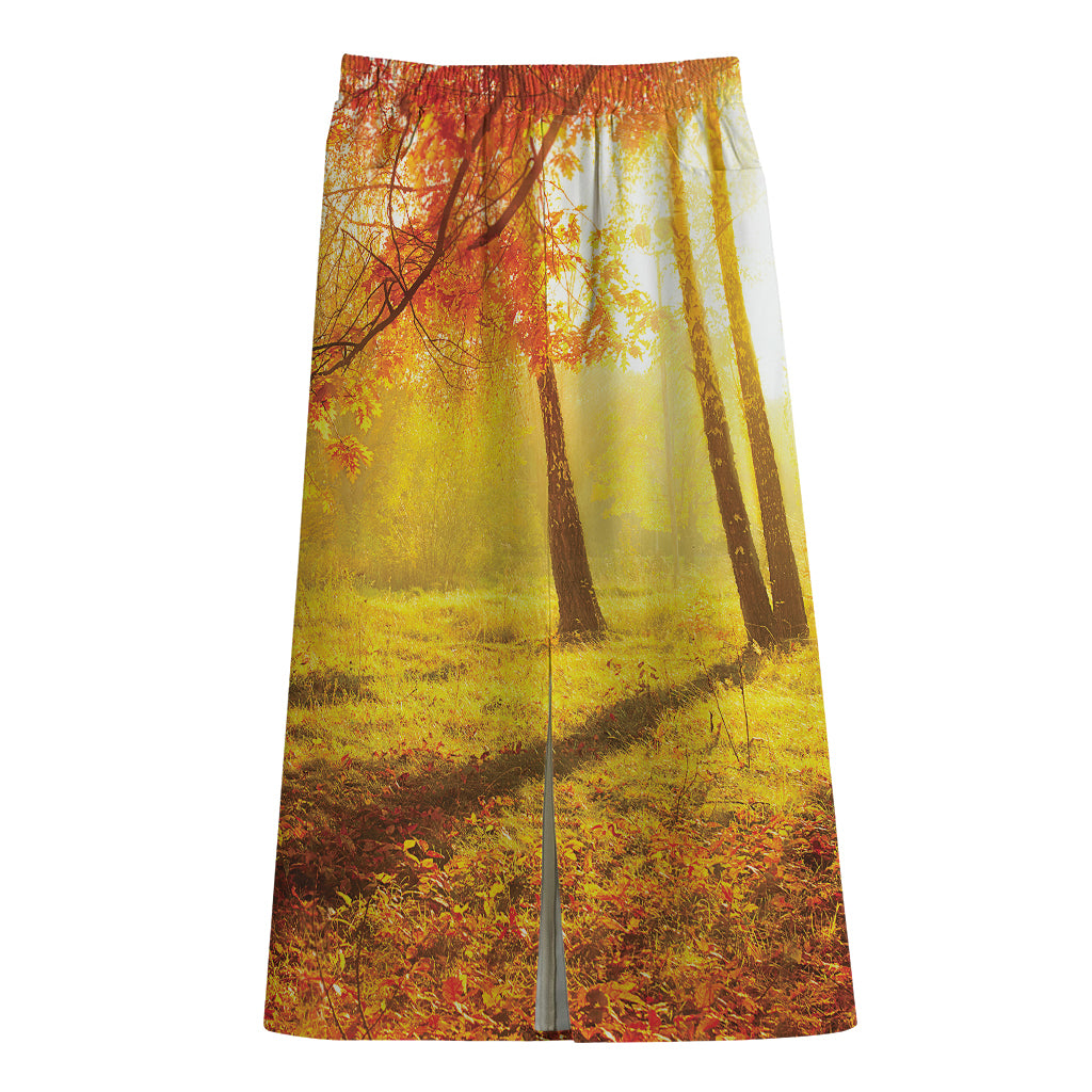 Autumn Trees Print Cotton Front Slit Maxi Skirt