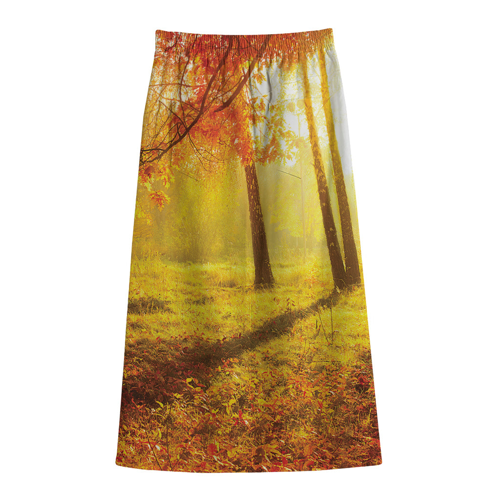 Autumn Trees Print Cotton Front Slit Maxi Skirt