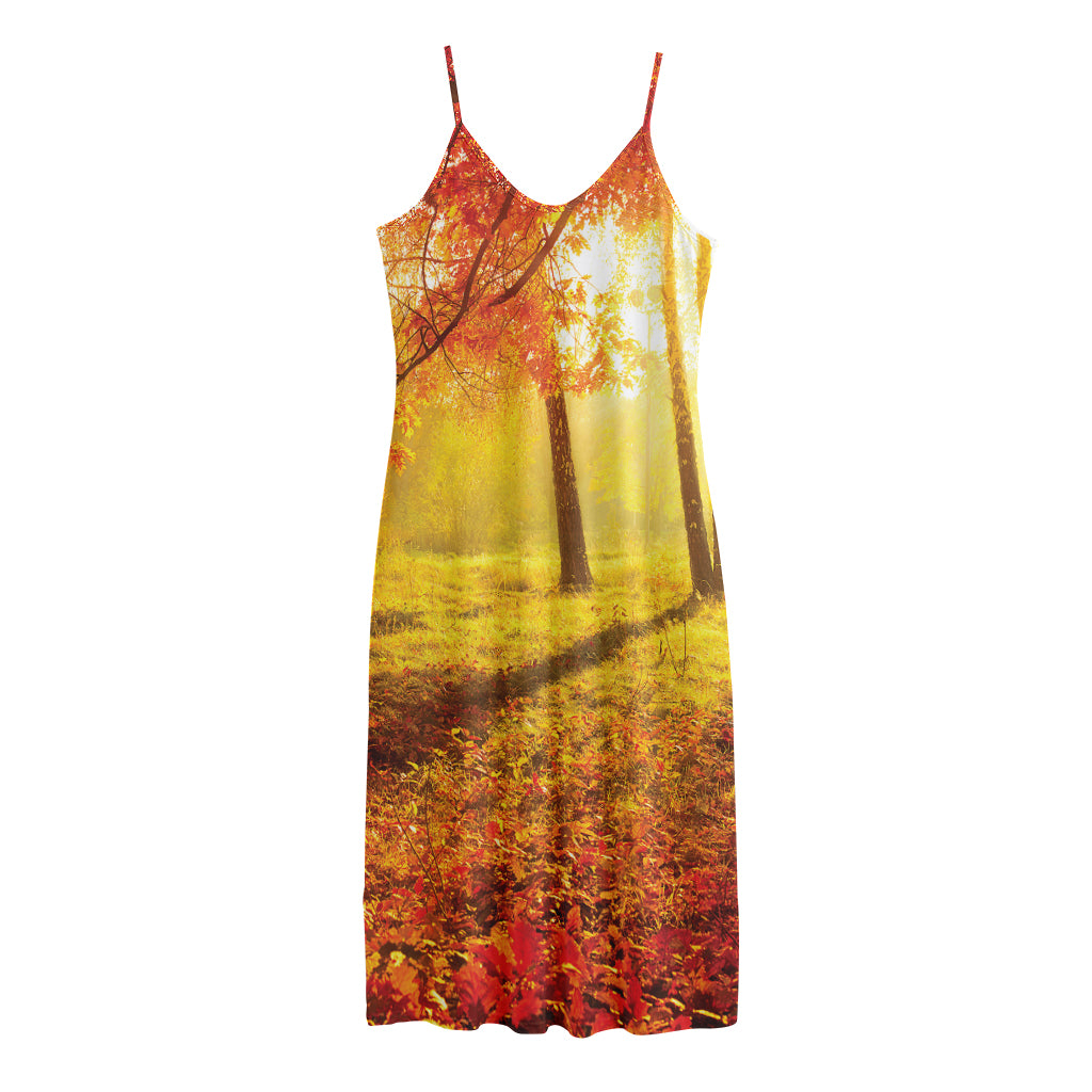 Autumn Trees Print Jersey Midi Cami Dress