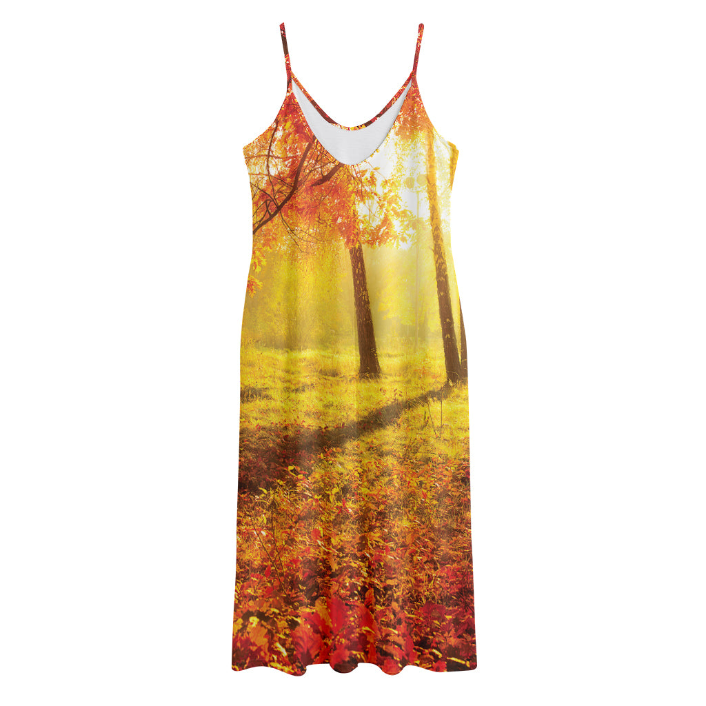 Autumn Trees Print Jersey Midi Cami Dress