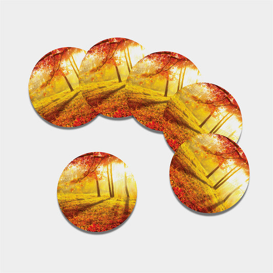 Autumn Trees Print Leather Coaster Set