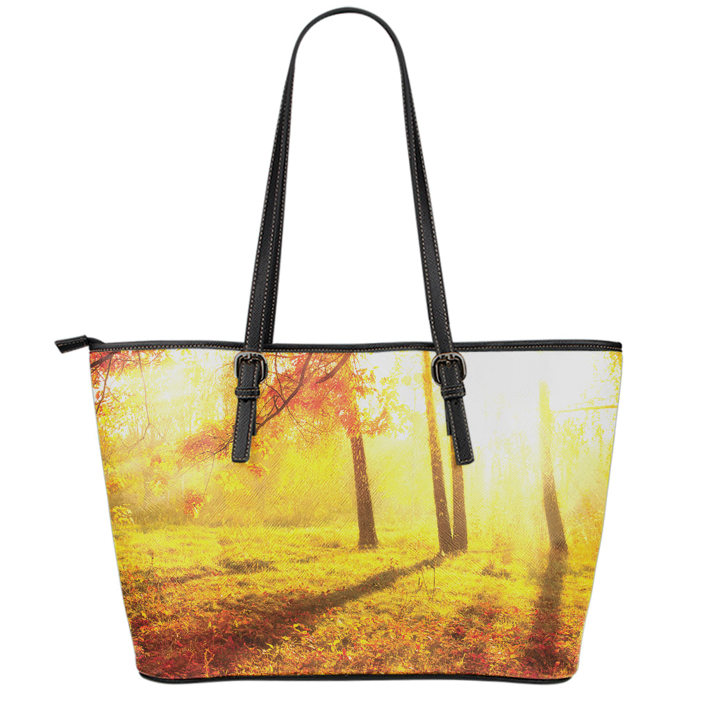 Autumn Trees Print Leather Tote Bag