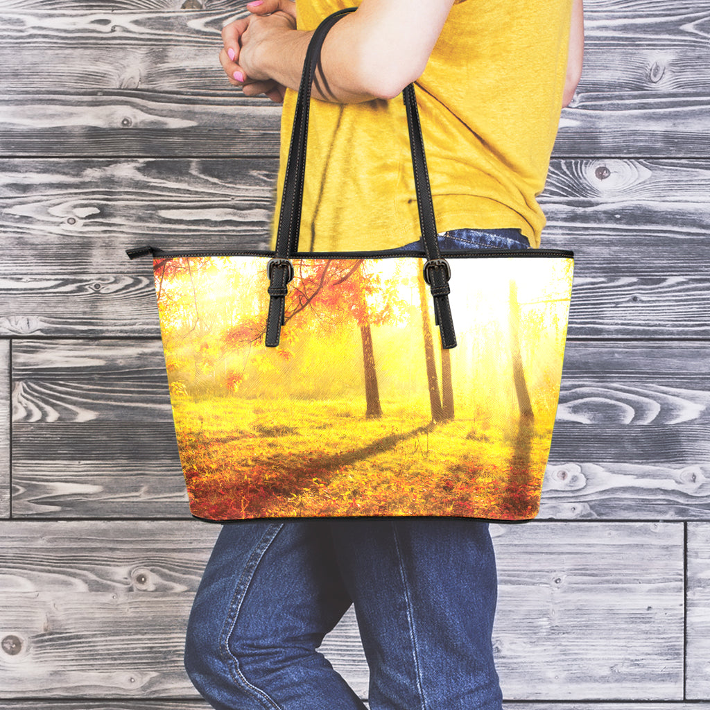 Autumn Trees Print Leather Tote Bag