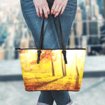 Autumn Trees Print Leather Tote Bag