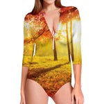 Autumn Trees Print Long Sleeve Swimsuit