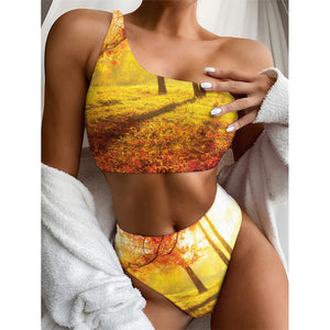 Autumn Trees Print One Shoulder Bikini Top