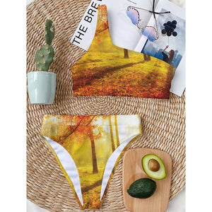 Autumn Trees Print One Shoulder Bikini Top