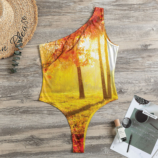Autumn Trees Print One Shoulder Bodysuit