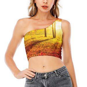 Autumn Trees Print One Shoulder Crop Top