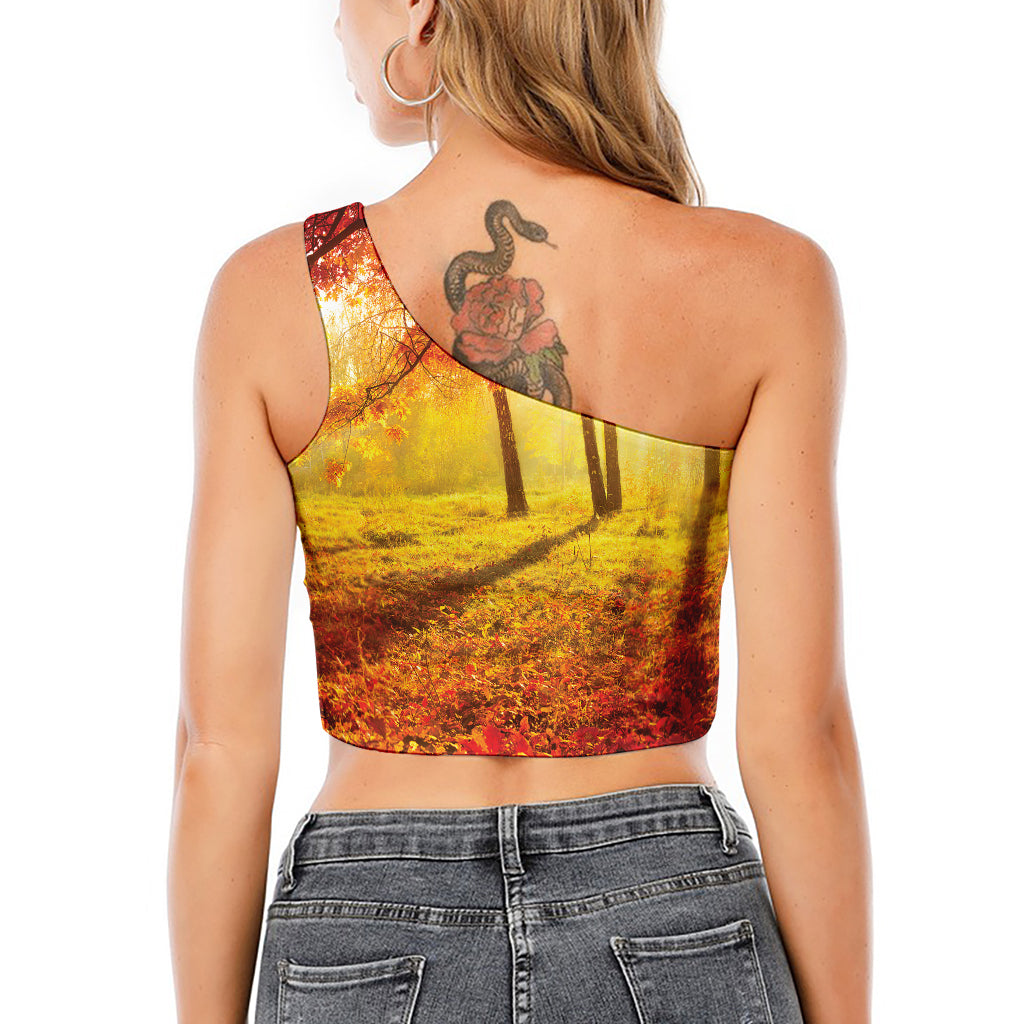 Autumn Trees Print One Shoulder Crop Top