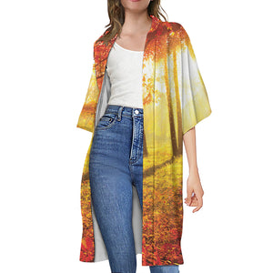 Autumn Trees Print Open Front Beach Cover Up