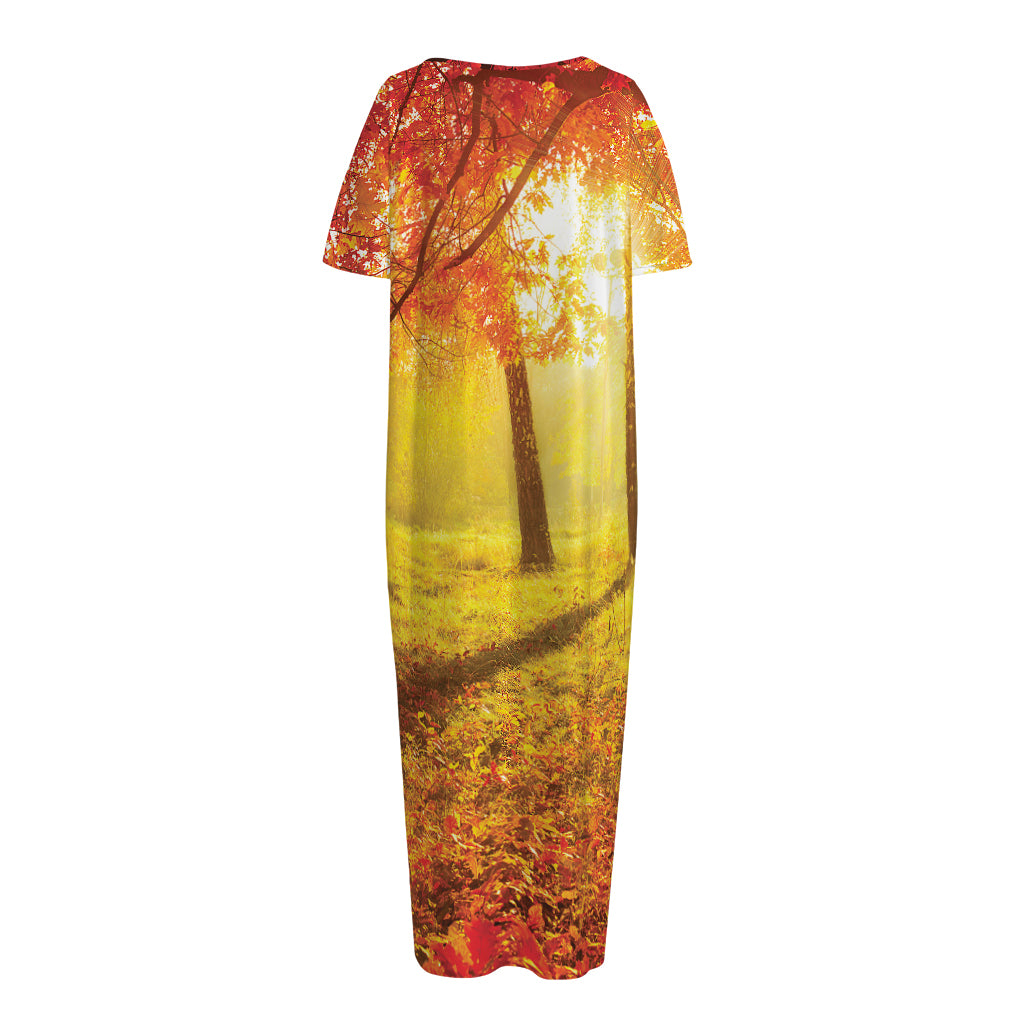 Autumn Trees Print Short Sleeve Long Nightdress