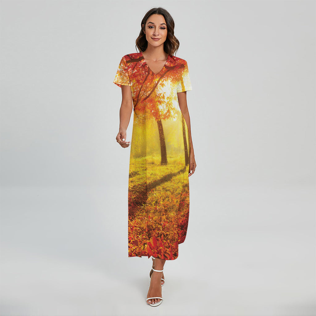 Autumn Trees Print Short Sleeve Maxi Dress