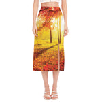 Autumn Trees Print Side Slit Midi Skirt