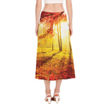 Autumn Trees Print Side Slit Midi Skirt